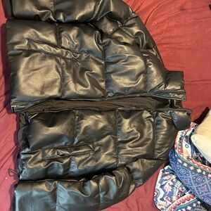 Black Faux Leather Puffer Jacket